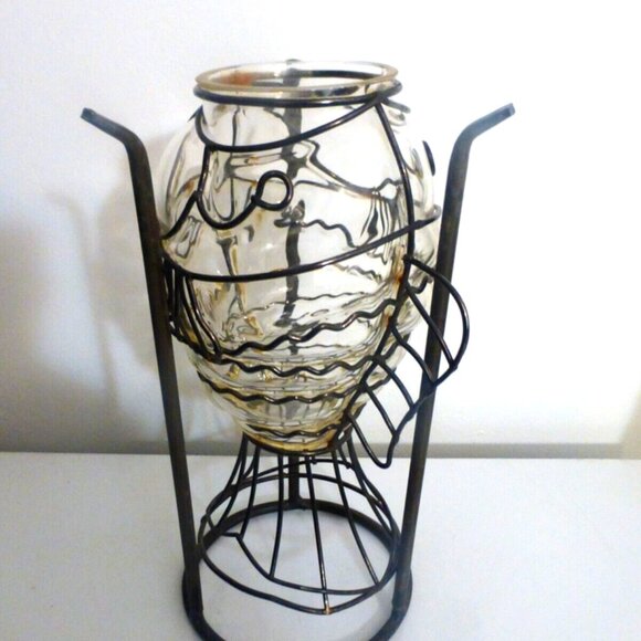 BNF - 10" Metal Caged GLASS FISH Vase or Candle Holder Fishing Nautical - Picture 5 of 5